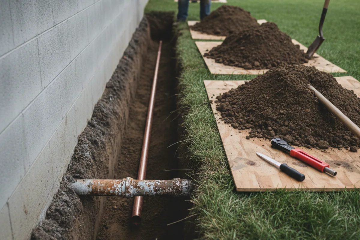 Excavated water line trench during Water Softener Installation in California